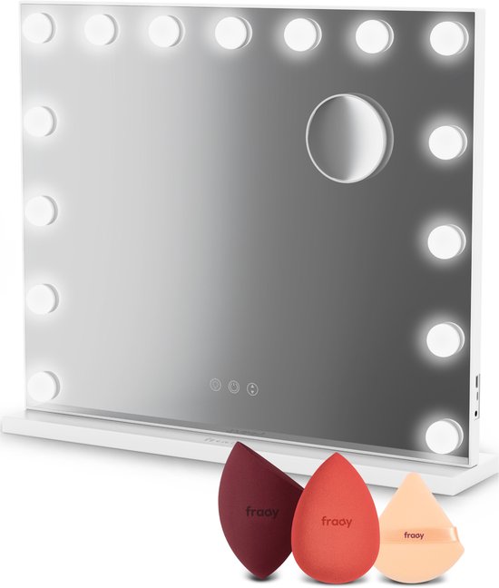 Miroir Hollywood Fraay® avec Siècle des Lumières 60 x 50 cm - 3 réglages d'éclairage - Miroir de maquillage de Luxe avec miroir grossissant x10 - Siècle des Lumières LED à intensité variable - Comprend 2 Blenders de Beauty et une houppette