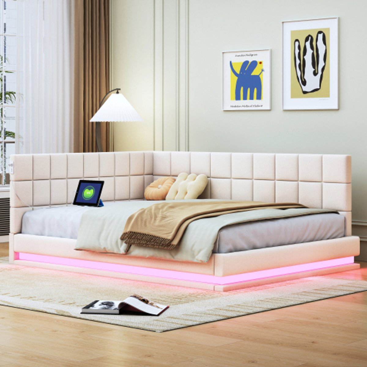 Gestoffeerde slaapbank 140x200, multifunctioneel bed met led-strip, USB-aansluiting en lattenbodem, huidvriendelijke beige fluwelen stof
