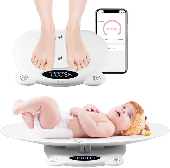 Baby Weegschaal - met Weegplateau - Personenweegschaal Digitaal - Dierenweegschaal - 50gr tot 200kg - met Tarra Functie en App - Weegschaal - Wit - Faas