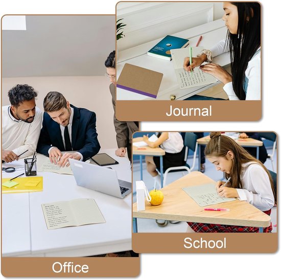 Drie foto's: kantoorvergadering, jonge vrouw die in een notitieboekje schrijft, meisje op school die schrijft.