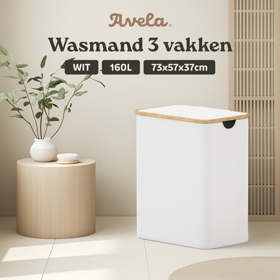 Panier à linge Avela 3 compartiments - 160 L - Wit - Panier à linge avec couvercle - Trieur de linge