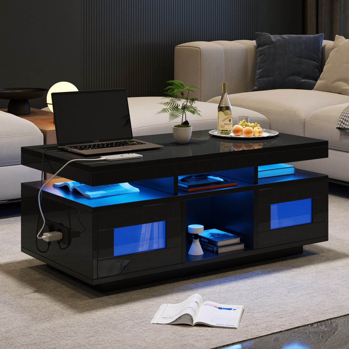 SINGULARITY Salontafel-Hoogglans Serie-100 x 50 x 43 cm-Zwart -LED Verlichting-Met oplaadpoort en stopcontact-Opbergruimte