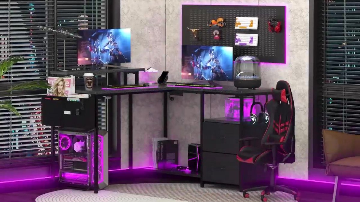 Gaming Bureau met LED Verlichting - 120x120x75cm - L-Vormig Game Bureau met Stopcontact - 2 Non Woven Lade - Gaming Desk - Computer Tafel - Gaming Tafel - Bureau voor Gamen, Studeren en Werken - Zwart