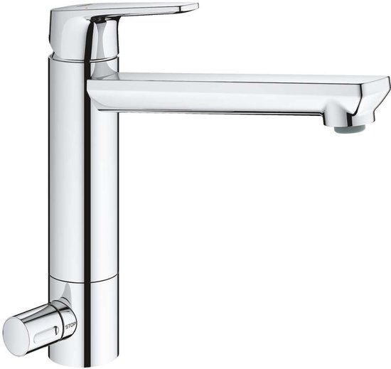 Grohe BauEdge keukenkraan met chroomafwerking en afsluitbare ventiel.