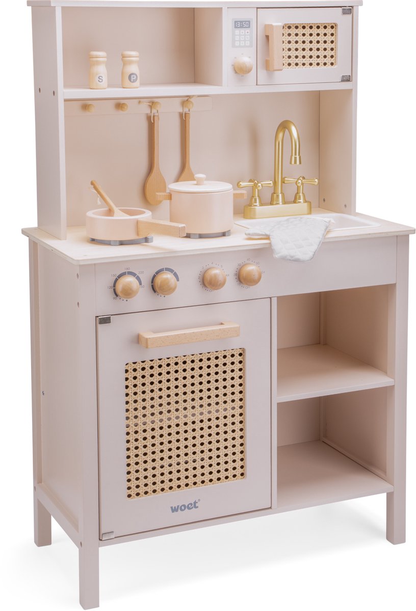 Woet® Houten Speelgoed Kinderkeuken - Speelkeukentje met Rotan Details en Gouden Kraan - Speelkeuken Roze met Diverse Accessoires - Werkbladhoogte 55 cm - Rollenspel - Vanaf 3 Jaar — afbeelding 8