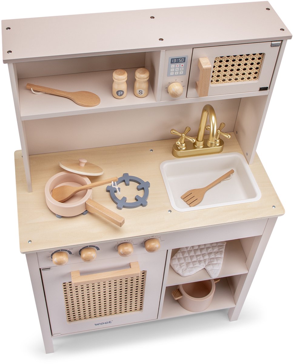 Woet® Houten Speelgoed Kinderkeuken - Speelkeukentje met Rotan Details en Gouden Kraan - Speelkeuken Roze met Diverse Accessoires - Werkbladhoogte 55 cm - Rollenspel - Vanaf 3 Jaar — afbeelding 3
