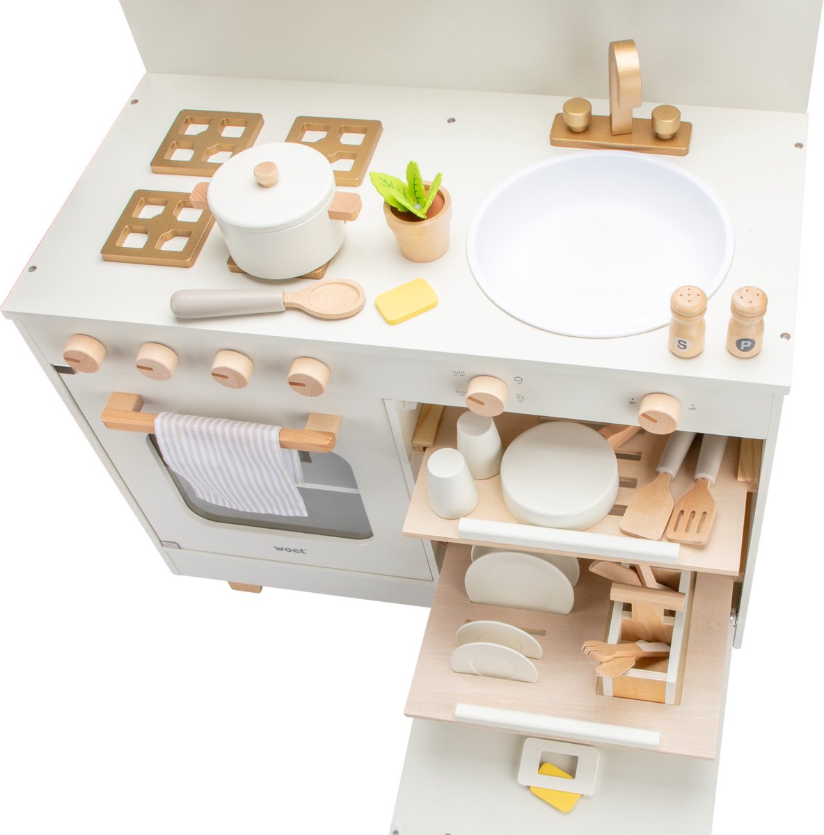 Woet® Houten Speelgoed Kinderkeuken met Vaatwasser - Speelkeukentje met Pannen, Servies, Kruidenplantje en Gouden Kraan - Speelkeuken Gebroken Wit - Werkbladhoogte 55 cm - Rollenspel - Vanaf 3 Jaar — afbeelding 3