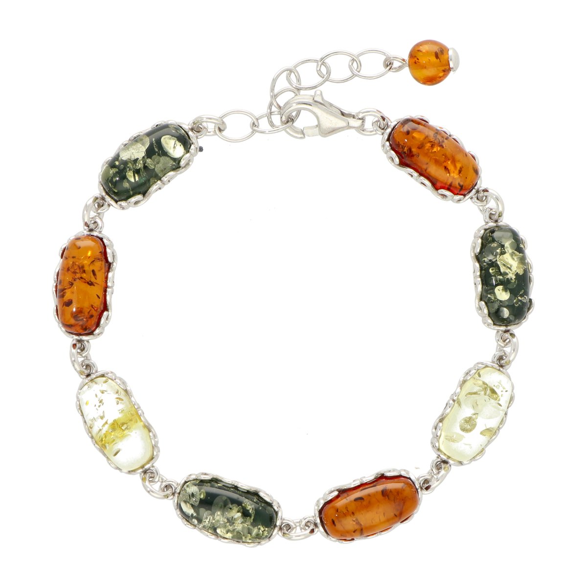 La Rosa Princesa Barnsteen Armband Zilver Dames Gerhodineerd - Amber Oval Elegance Verstelbaar - Groen Cognac Champagne