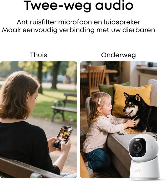 Vrouw thuis met smartphone. Kind speelt met hond en eufy camera.