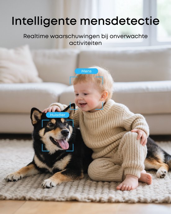 Intelligente detectie met kind en huisdier. Blauwe kaders markeren 'Mens' en 'Huisdier'.