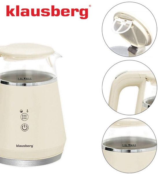 Bouilloire électrique Klausberg KB-7893 – 1 litre, design en Verres , panneau de commande LED , 5 réglages de température, fonction maintien au chaud
