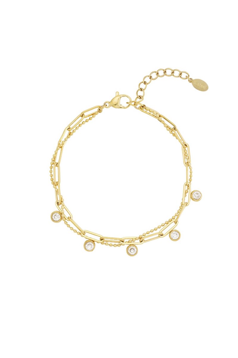Gouden Dubbele Armband Met Schakels En Steentjes - Goud Armbandje Dubbellaags Met Stenen - Sieraad - Cadeau - Cadeautip - Dames