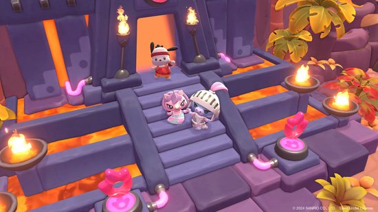 Sanrio-personages Pompompurin en anderen staan op de treden van een tempel met lavastromen.