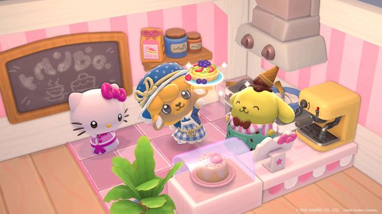 Hello Kitty, een herder en Pompompurin in een keuken, serveren gebak en ijsjes.