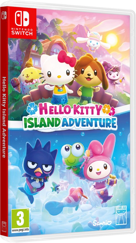 Cover van het Nintendo Switch spel 'Hello Kitty Island Adventure' met Hello Kitty en andere Sanrio-personages boven en onder water.