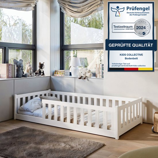 Kinderbed Vloerbed 120x200 cm Bed met uitvalbescherming & lattenbodem Montessoribed Kinderledikant Jeugdbed Eenpersoonsbed optioneel met matras | wit massief grenenhout jongen meisje