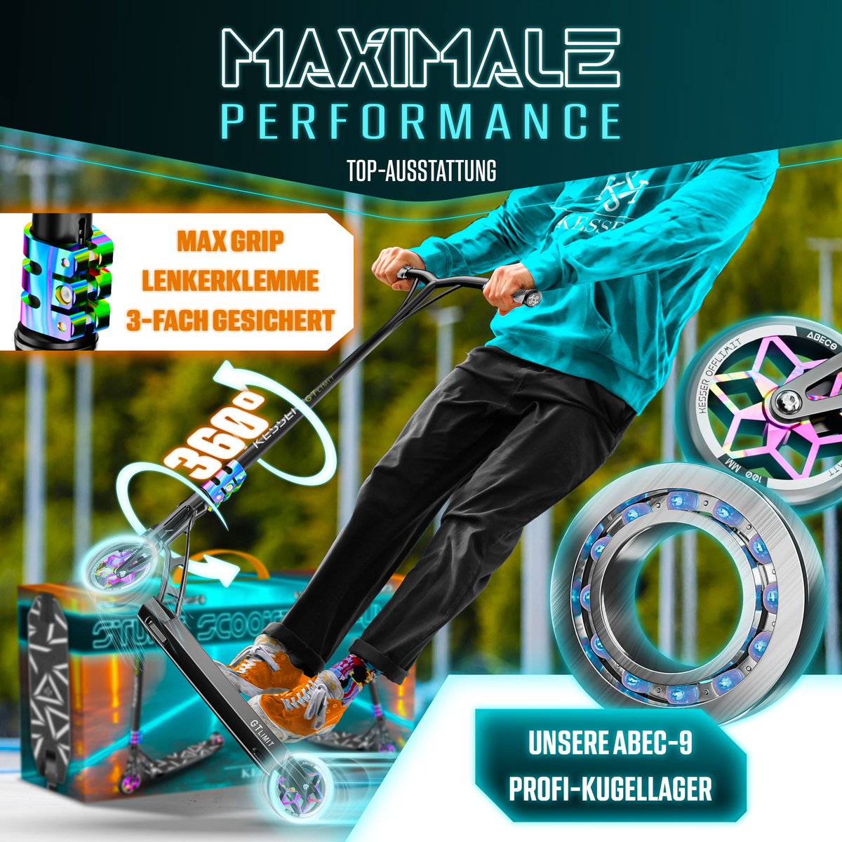 KESSER® Stuntstep GT-Limit 360° voor Volwassenen en Kinderen - Step met Standaard ABEC 9 Kogellagers, 110 mm PU Wielen Stunt Scooter - Zwart / Regenboog