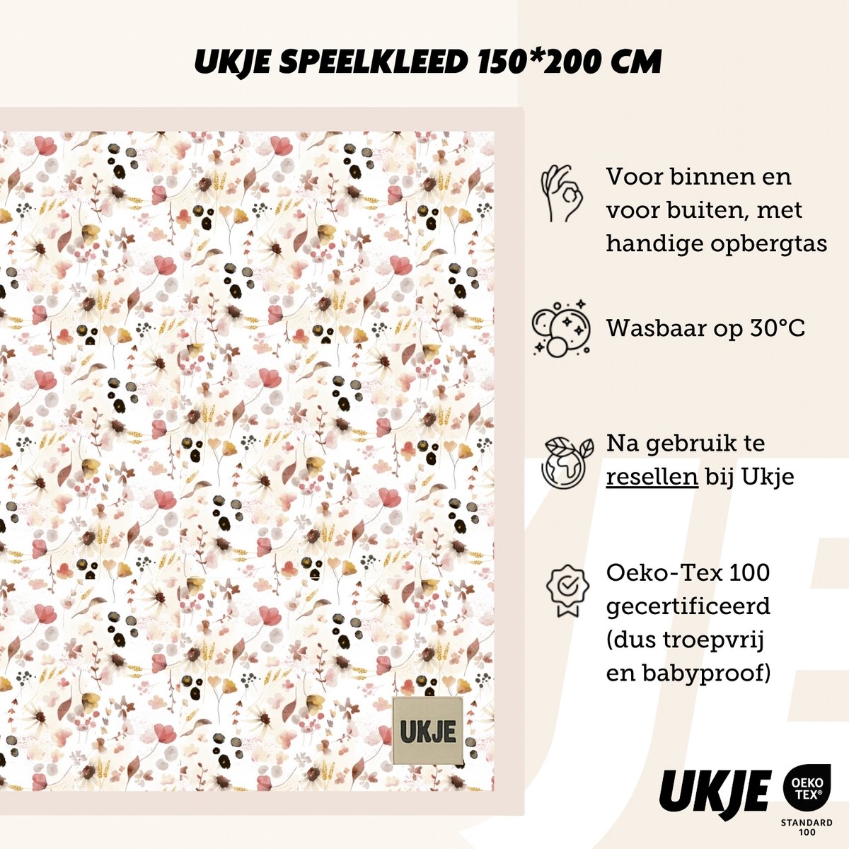 Ukje Speelmat Baby - Speelkleed Baby - Antislip - Met Gratis Tas - Speeltapijt - 150 bij 200 cm - Playmat - Babygym - Opvouwbaar - Oeko-Tex Gecertificeerd - Wilde Bloemen thumbnail 3
