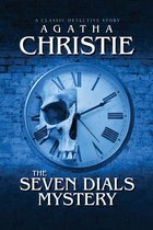 Boekomslag van "The Seven Dials Mystery" van Agatha Christie met een schedel die een klok met Romeinse cijfers dekt.