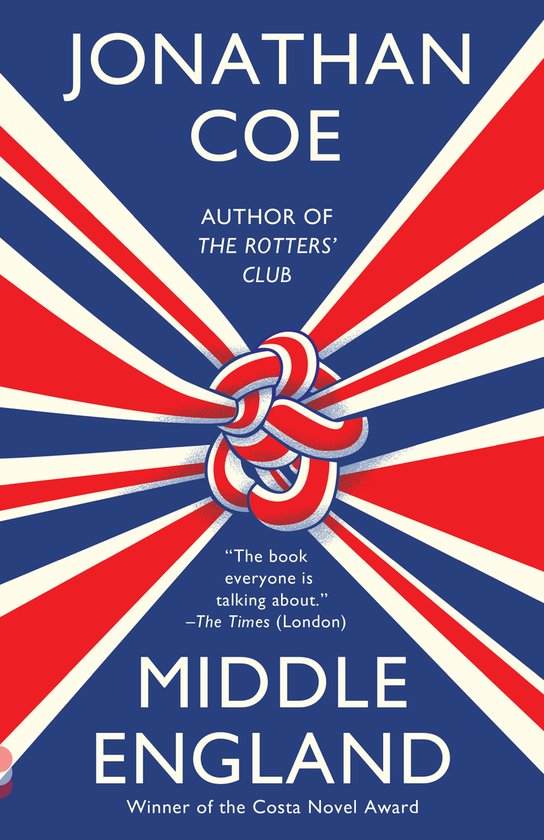 Boekcover met Britse vlag, knoop en tekst 'Middle England' door Jonathan Coe.