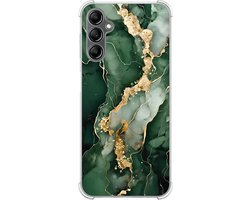 Shockproof hoesje - Geschikt voor Samsung Galaxy A14 5G - Marmer groen goud - Extra sterke case - TPU/polycarbonaat - Marmer - Groen, Goud, Transparant