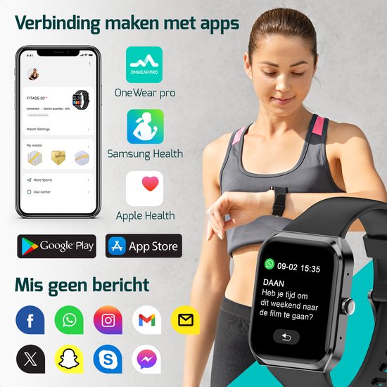Vrouw kijkt op smartwatch. Toont app-verbindingen, meldingen van social media en berichten-app.