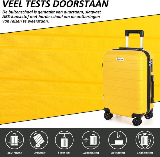 Gele koffer op witte achtergrond, met iconen die duurzaamheidstests symboliseren: rotatie, crash, boom, gladheid, botsing, stijfheid.