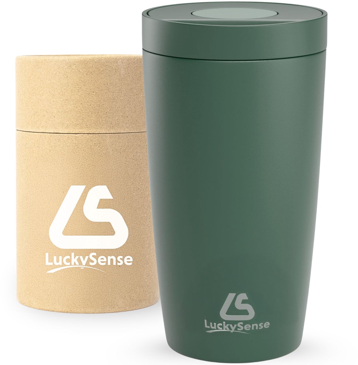 LuckySense® Thermosbeker – 380 ml - Koffiebeker to go - Theebeker - Travel Mug - Dubbelwandig - Drukknop - RVS - Donkergroen