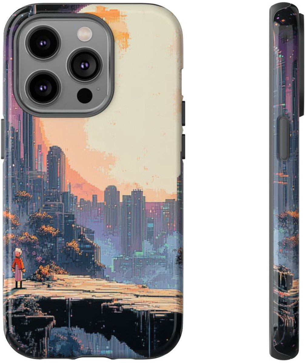 Pixel Art Stadsgezicht met Grote Maan – Telefoonhoesje Geschikt voor iPhone 14 Pro