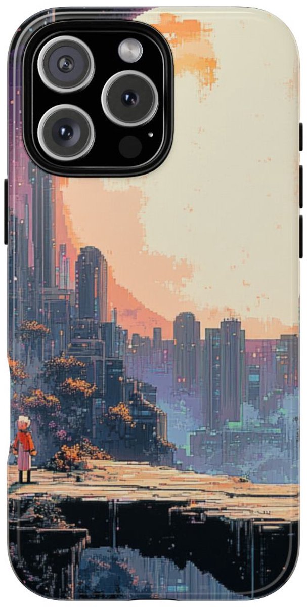 Pixel Art Stadsgezicht met Grote Maan – Telefoonhoesje Geschikt voor iPhone 16 Pro Max