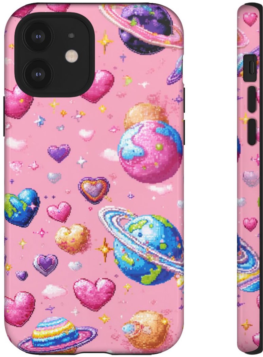 Pixel Art Harten en Planeten Patroon – Telefoonhoesje Geschikt voor iPhone 12
