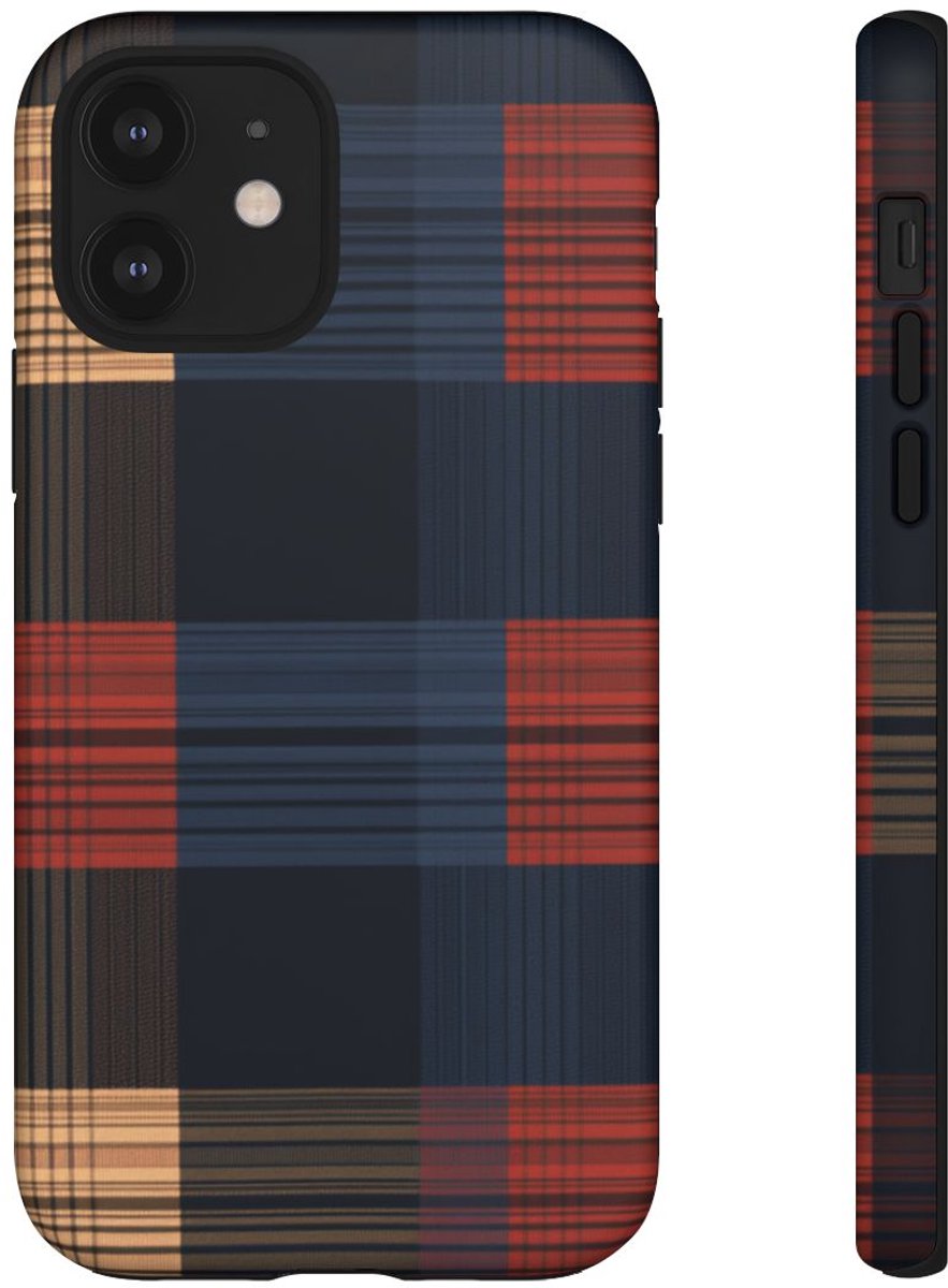 Caramel en Donkerblauw Geruit Patroon – Telefoonhoesje Geschikt voor iPhone 12