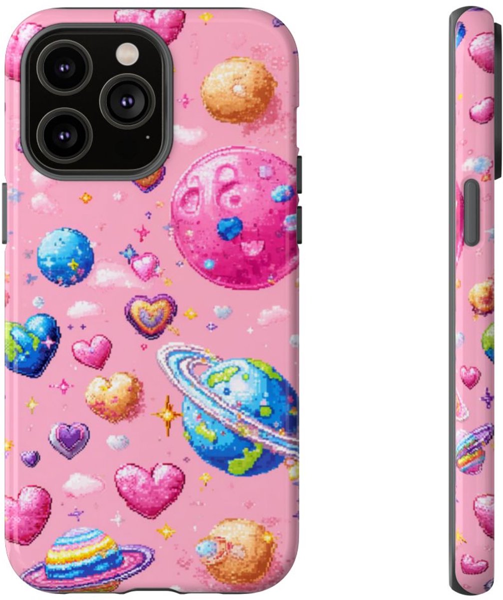 Pixel Art Harten en Planeten Patroon – Telefoonhoesje Geschikt voor iPhone 14 Pro Max