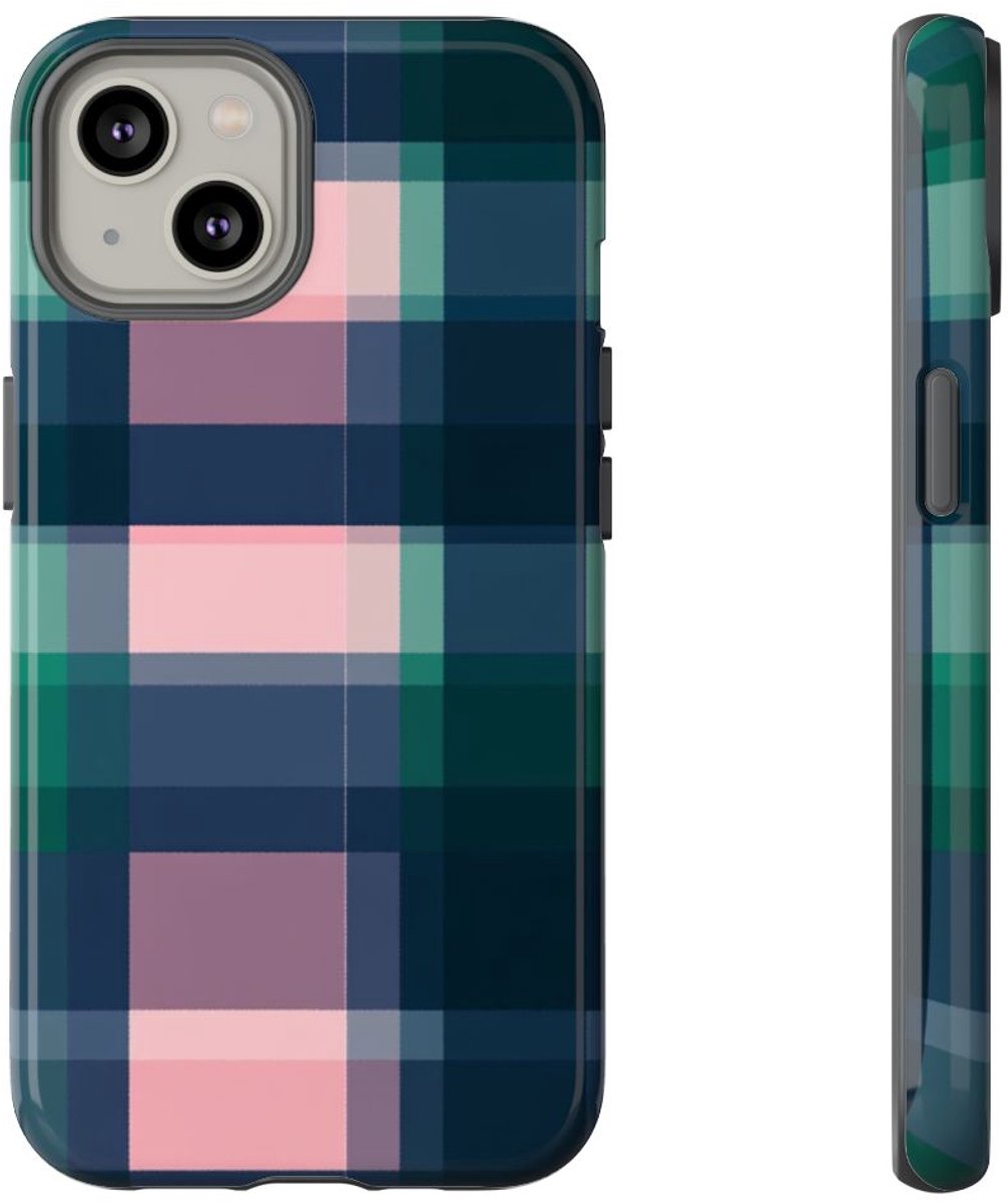 Smaragdgroen en Roze Geruit Patroon – Telefoonhoesje Geschikt voor iPhone 14