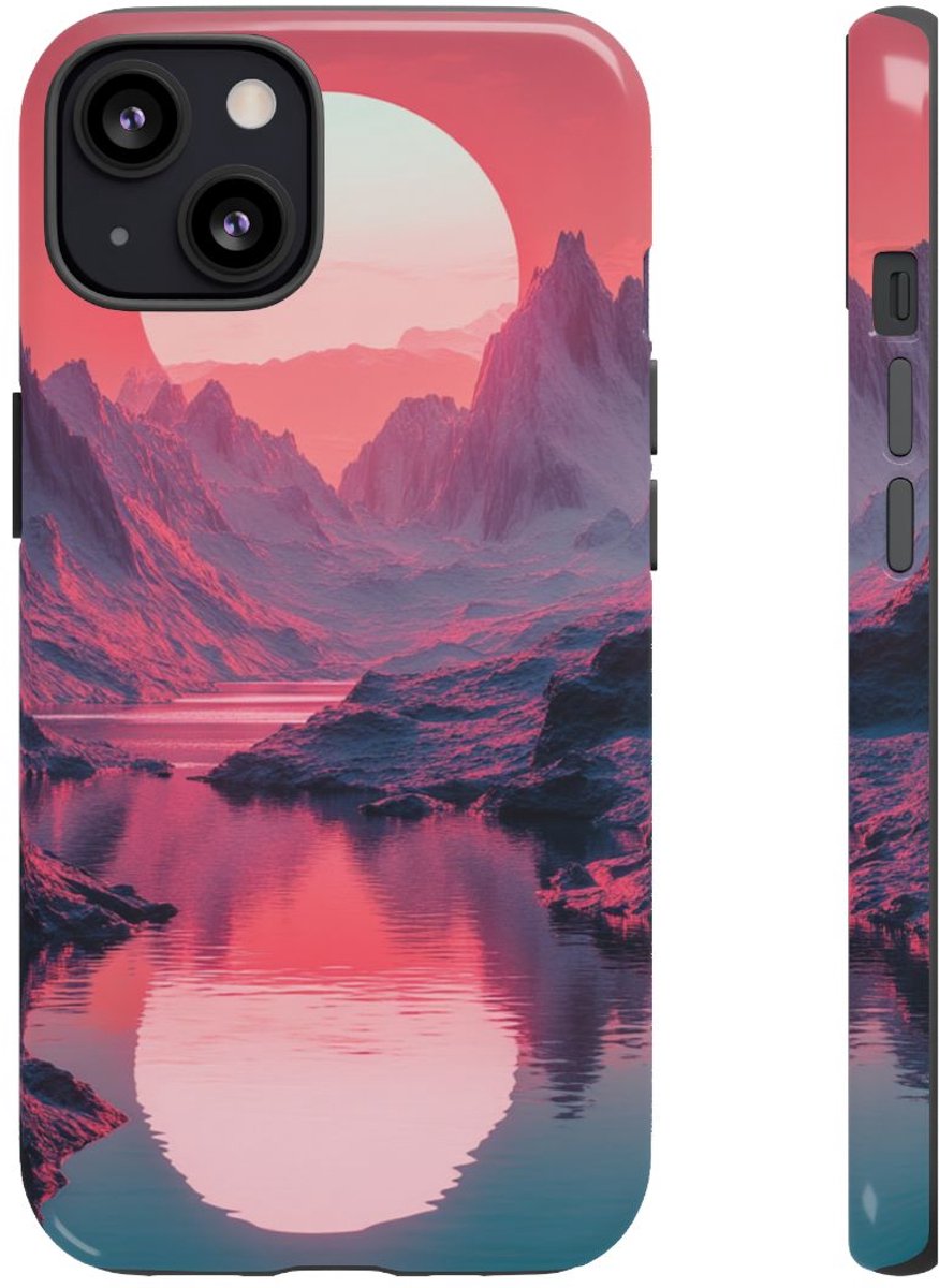 Roze Zonsondergang boven Bergen en Rivier – Telefoonhoesje Geschikt voor iPhone 13
