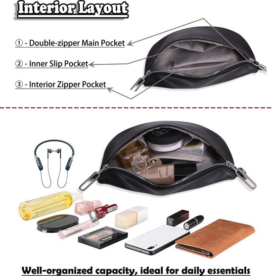 Rainbecom - Crossbodytas Dames PU Leer – 3 Vakken – Dubbele Rits - Stijlvol Schoudertas met Verstelbare en Afneembare Schouderriem – Zwart – Lichtgewicht en Modieus – 23x15x8cm