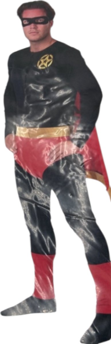 Erotisch Heren Superhelden Kostuum – Zwart Pak met Rood/Gele Cape & Masker – Maat M