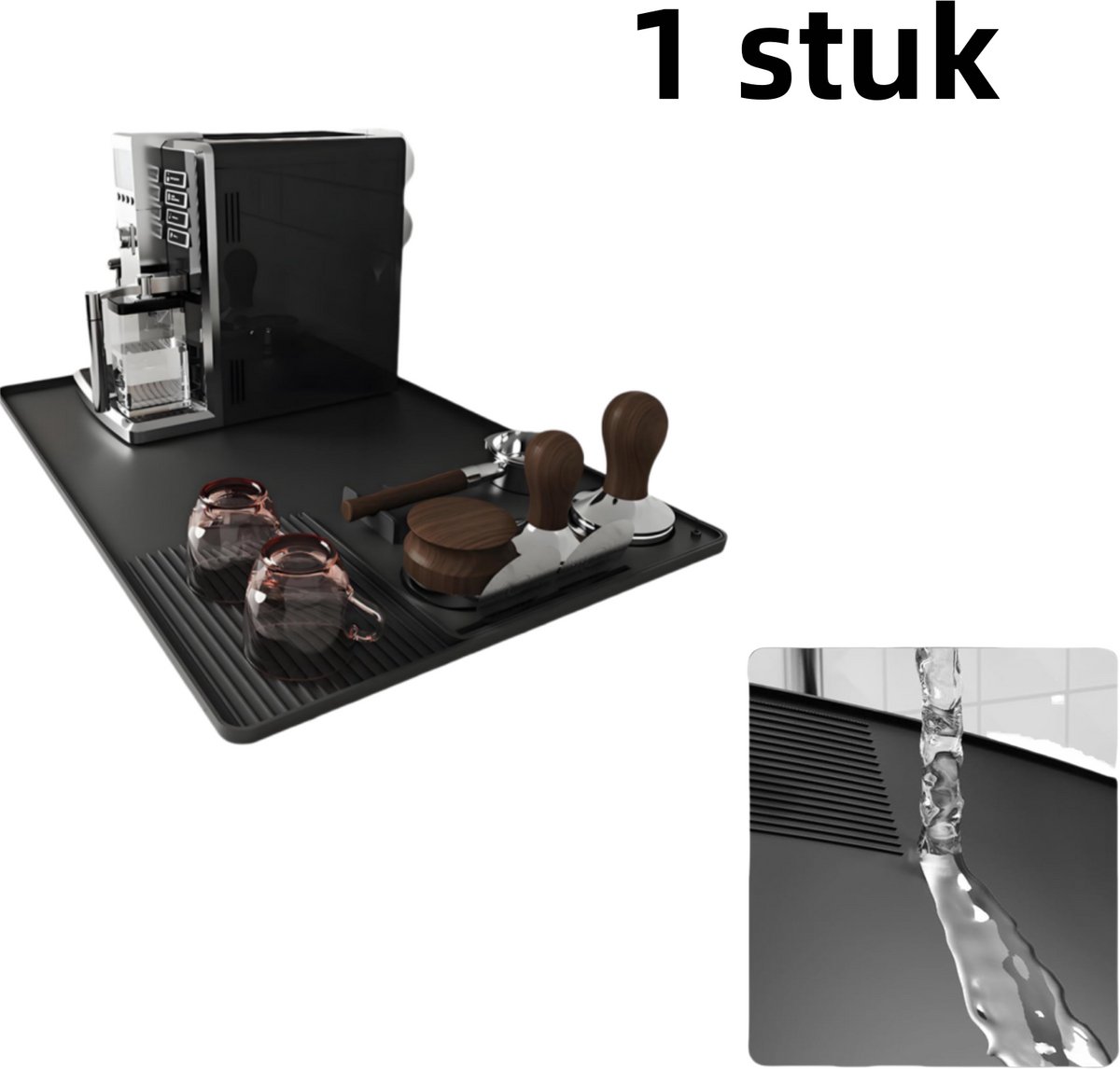 Siliconenmat voor koffiemachines - 2-in-1 koffiemachinemat + poederpersmat - Geschikt voor ladegeleider en tafelisolatie - Zwart