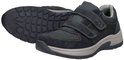 Paar donkerblauwe Rieker sneakers met klittenbandsluiting en grijze zolen, één schoen liggend met zool zichtbaar.