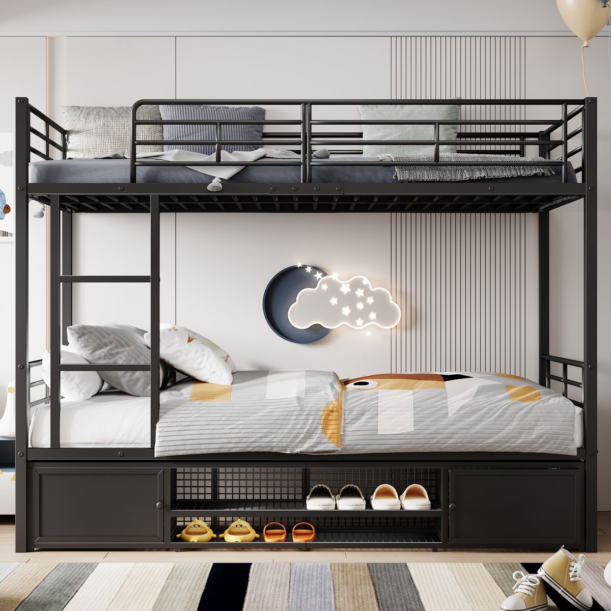 Merax Stapelbed - Open schoenenkast - Kleine kast met dubbele deuren - Met zijladder - met anti-val rooster - Zwart - 90x200cm - zonder matras