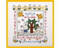 Pako Borduurpakket Geboorte - tel patroon met codekaart - Nijntje Dick Bruna geboortetegel -230.276 - voorgesorterd garen- Aida - 38 x 38 cm - DIY kit