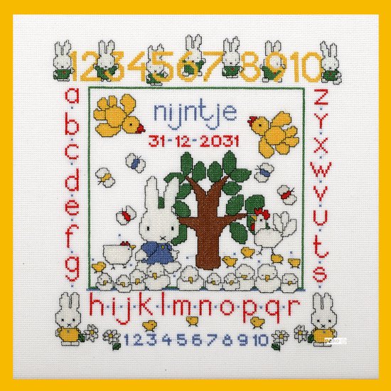 Pako Borduurpakket Geboorte - tel patroon met codekaart - Nijntje Dick Bruna geboortetegel -230.276 - voorgesorterd garen- Aida - 38 x 38 cm - DIY kit