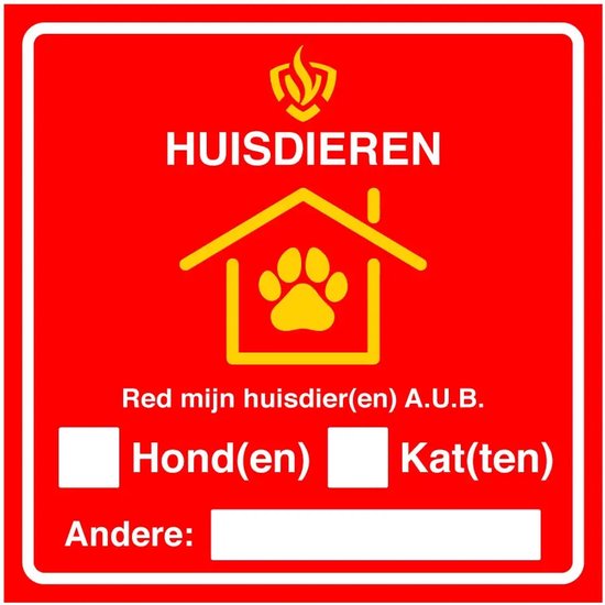 Autocollant rouge avec "HUISDIEREN" en blanc, une icône de maison jaune avec une empreinte de patte, et le texte "Red mijn huisdier(en) A.U.B.", avec des options pour chien(s) et chat(s).