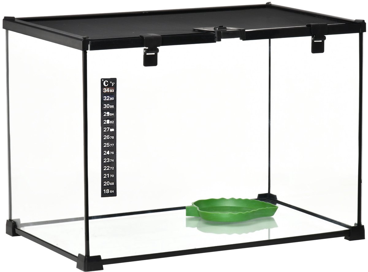 Merax Glasterrarium 50x30x35 cm Terrarium Voor Reptielen Met Voederopening En Ventilatiedeksel Zwart