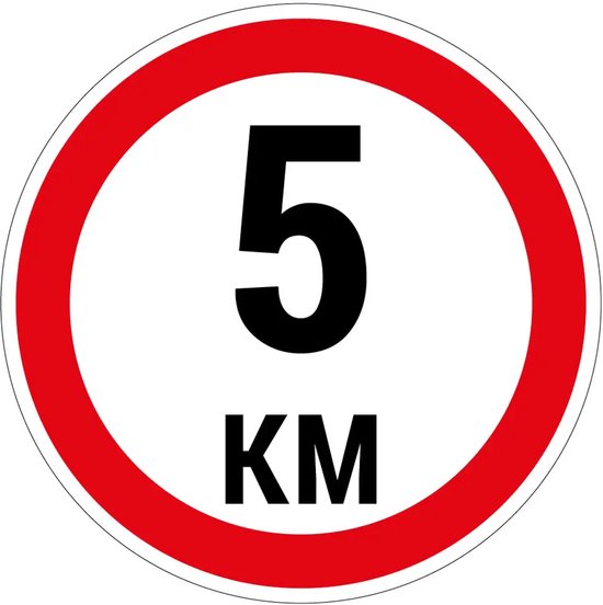 Panneau de signalisation rond avec bordure rouge, affichant un grand 5 noir suivi de KM.