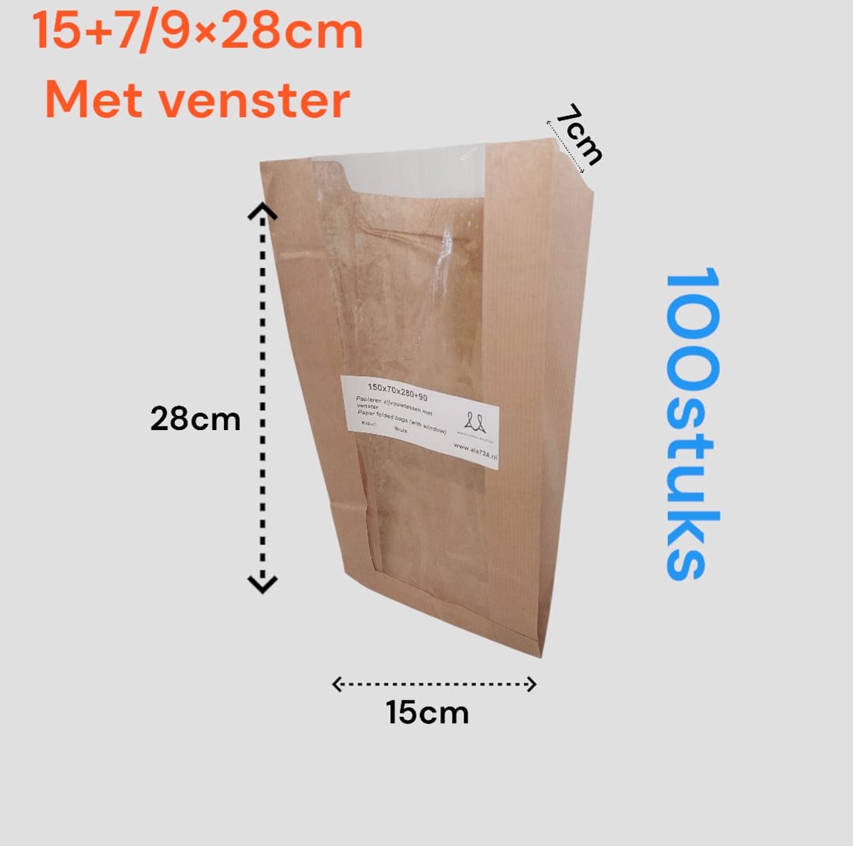Broodzakken met venster / 100 stuks - bruin / 100% papier - 15x7/9x28 cm / Kraft vensterzak / Papieren zakjes