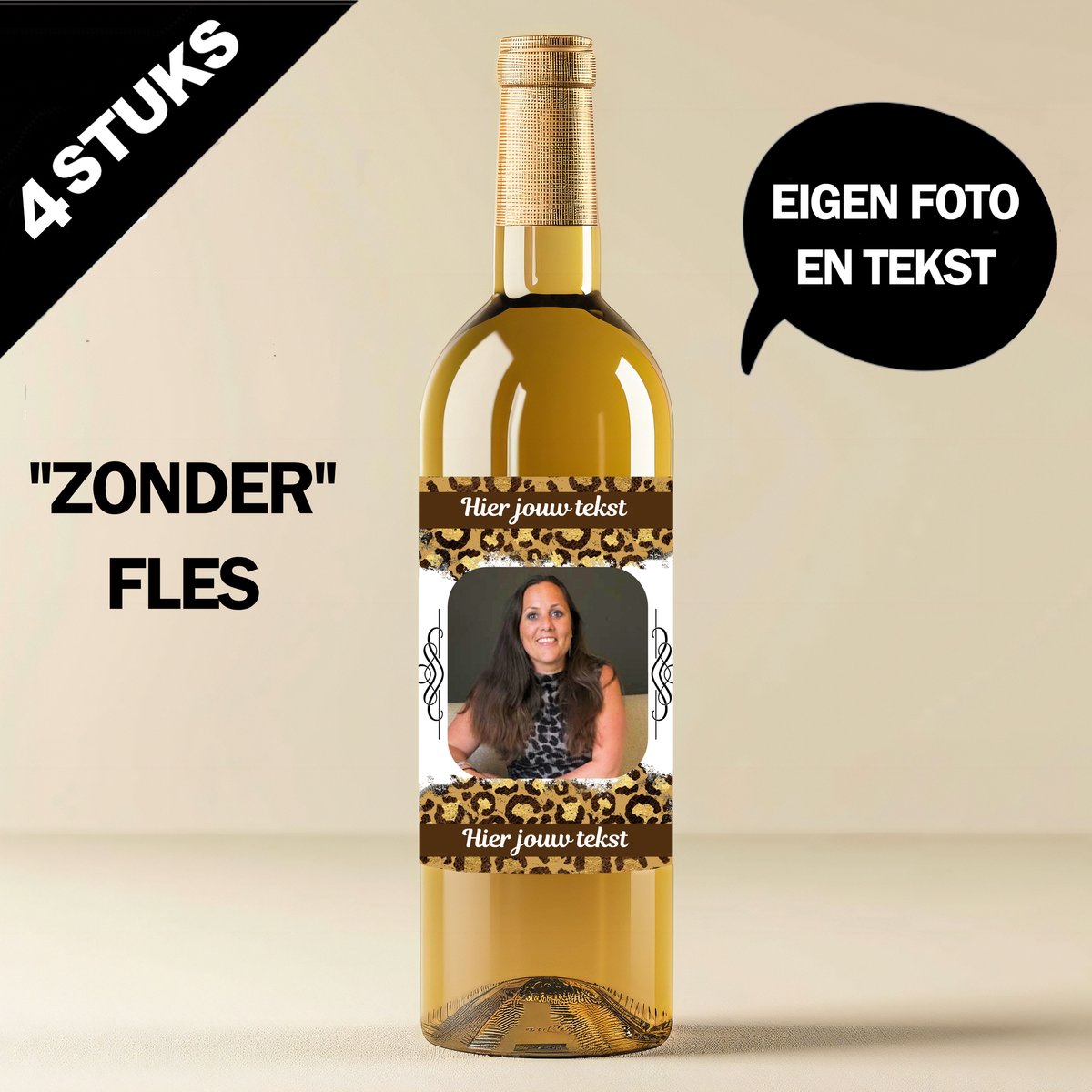 4 x wijnfles fles etiketten met eigen foto en tekst (EXCL. FLESSEN) - wijnfles maken als bedankje voor, juffen, collega's, werknemers, buren, vrienden, vaders, moeders, huwelijk, jubileum, pensioen, verjaardag, geslaagd, Kerstmis, verhuizen, Sint