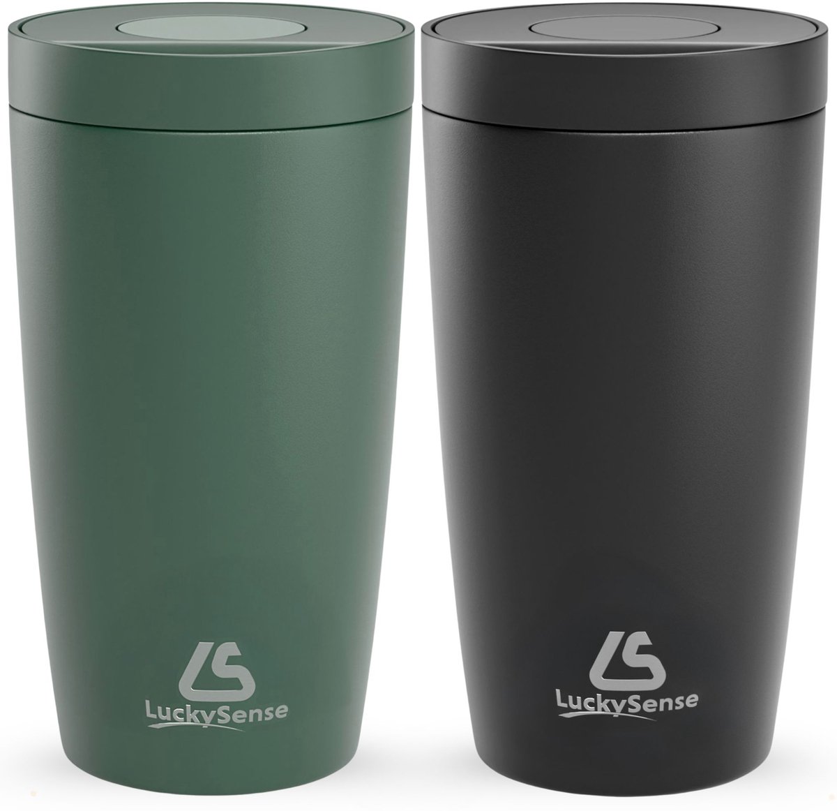 LuckySense® Koffiebeker to go - Set van 2 - Thermosbeker - Travel Mug - 380ml - RVS - Lekvrij - Zwart & Donkergroen