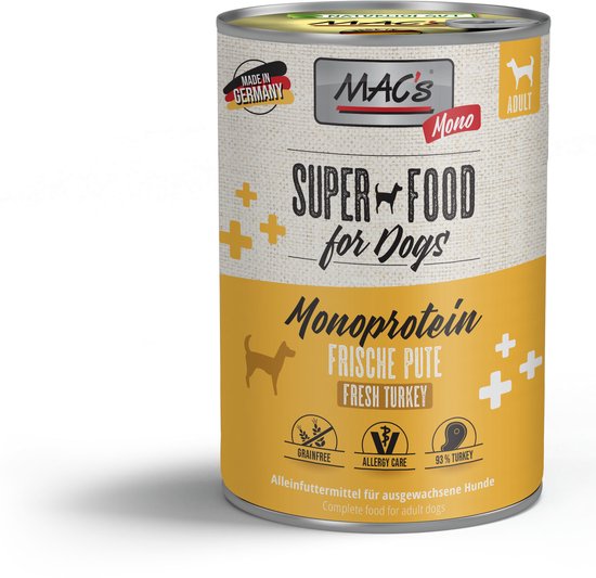 MAC’s Hondenvoer Natvoer Blik - Mono Sensitive Kalkoen - 6 x 400g ook geschikt voor voedselgevoelige honden