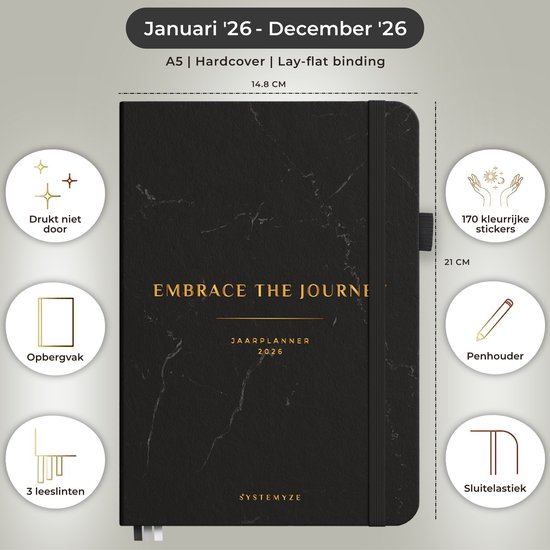 Systemyze Agenda 2025 Adultes - Planificateur 2025 - Journal - Organisateur - Inclus feuilles d'autocollants - Format A5 - Anthracite